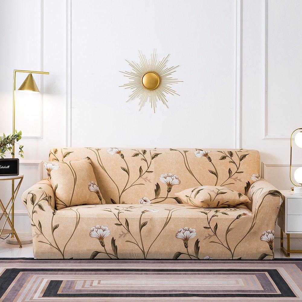 Plain Floral Print Sofa Cover Protector for 3 Cushion Sofa Cover with Separate Cushion Cover