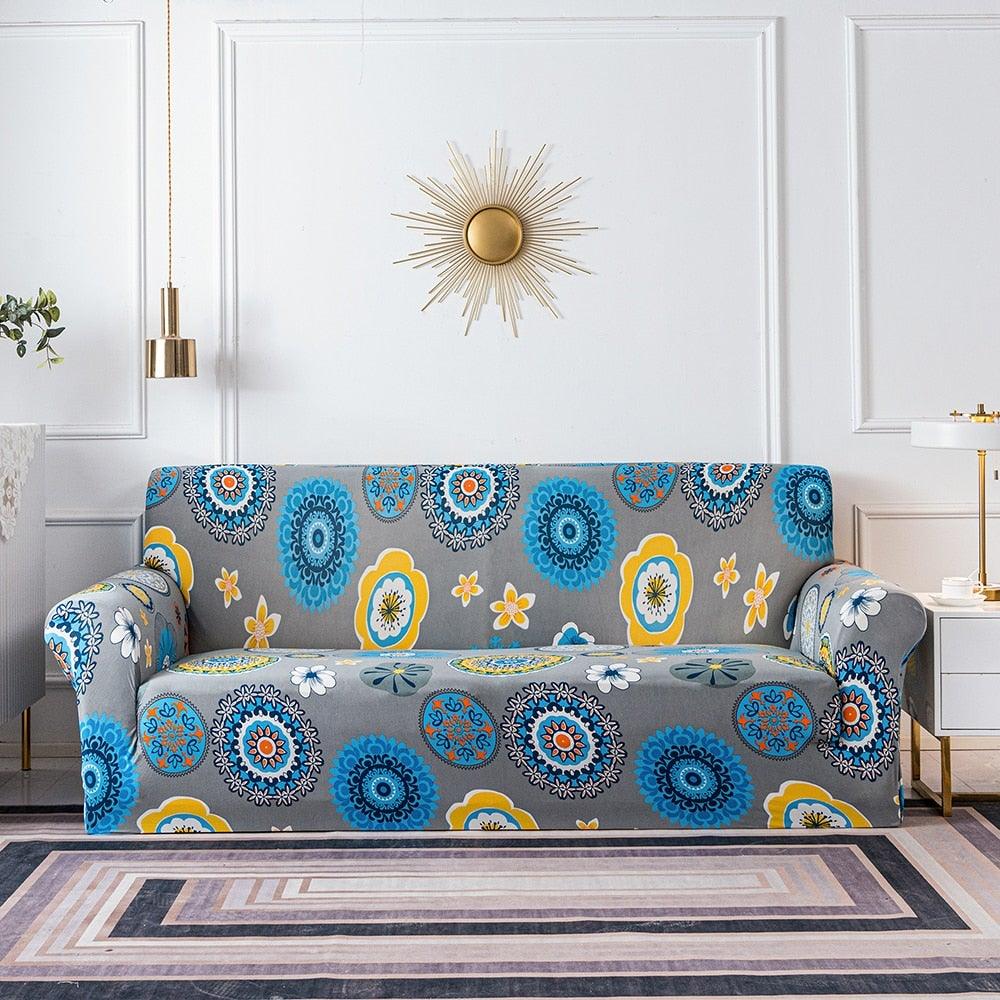 Plain Floral Print Sofa Cover Protector for 3 Cushion Sofa Cover with Separate Cushion Cover