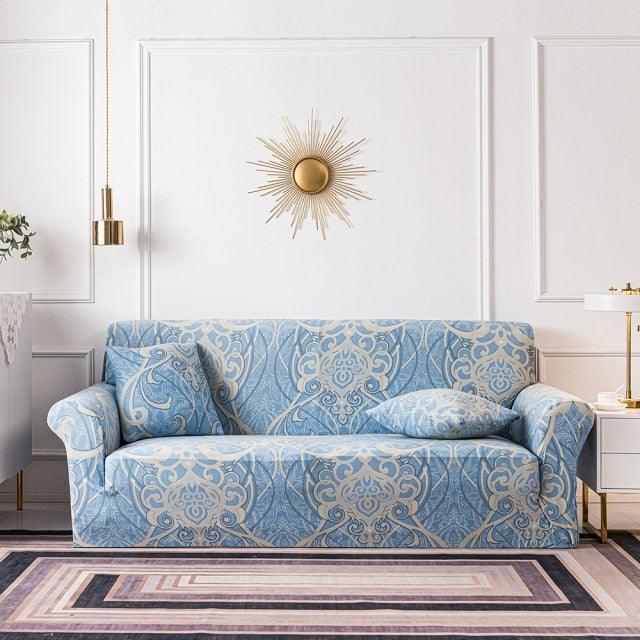 Plain Floral Print Sofa Cover Protector for 3 Cushion Sofa Cover with Separate Cushion Cover