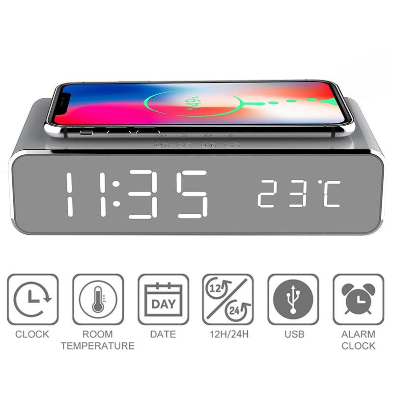 LED Alarm Clock With Mobile Phone Wireless Charger HD