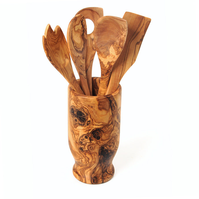Olive Wood Kitchen Utensil Set 6-pc Hand-Carved Servers With Holder