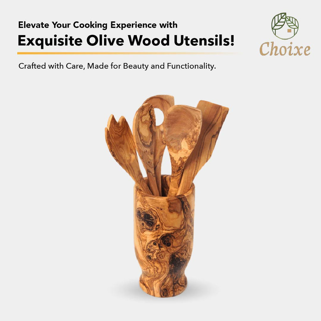 Olive Wood Kitchen Utensil Set 6-pc Hand-Carved Servers With Holder