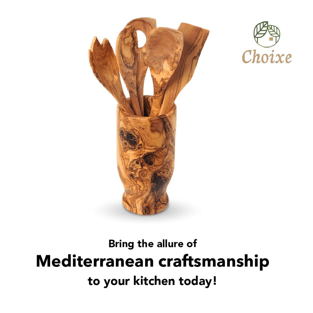 Olive Wood Kitchen Utensil Set 6-pc Hand-Carved Servers With Holder