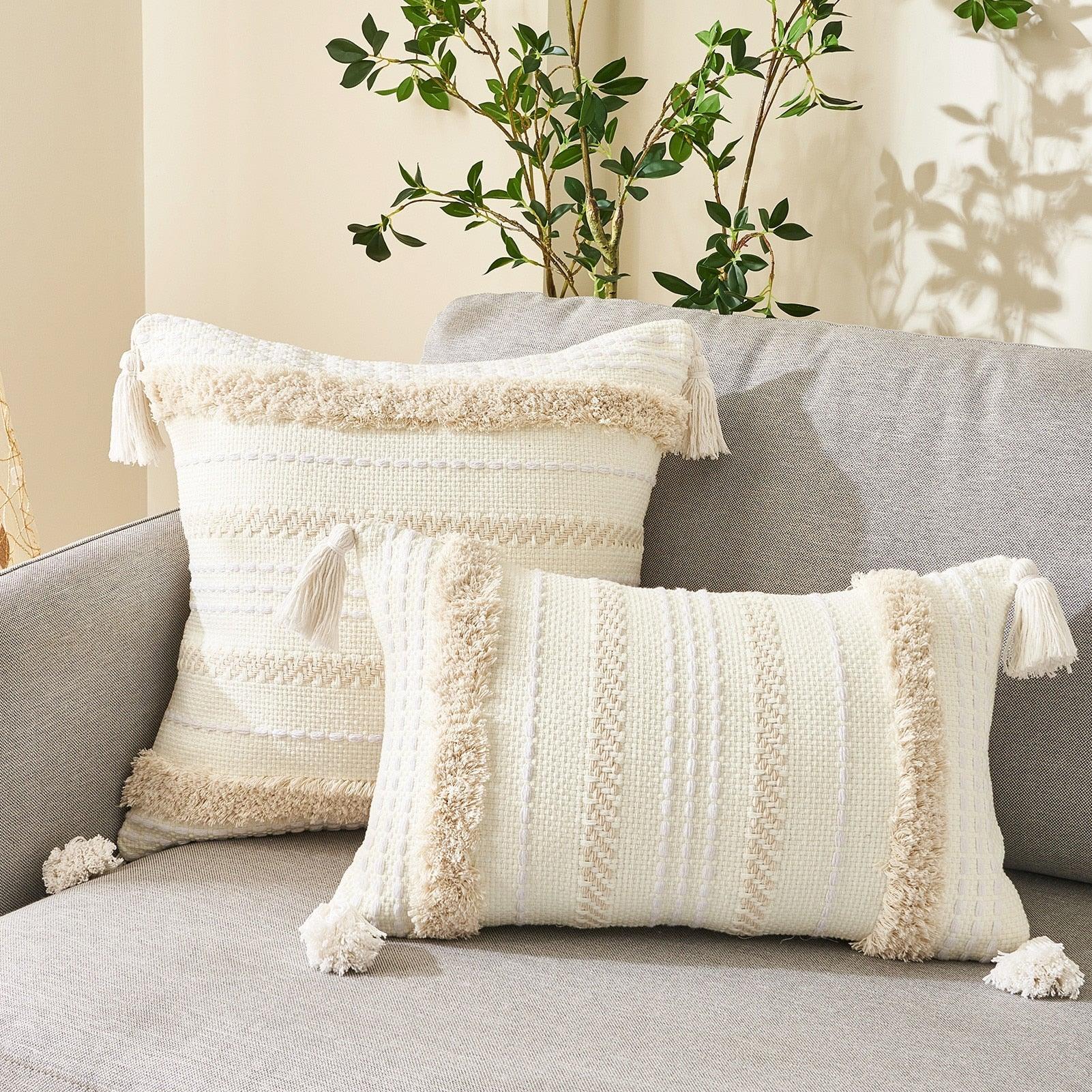 Cushion Cover Cotton Linen Pillowcase Tufted Beige Hand-Woven Throw Pillow Covers
