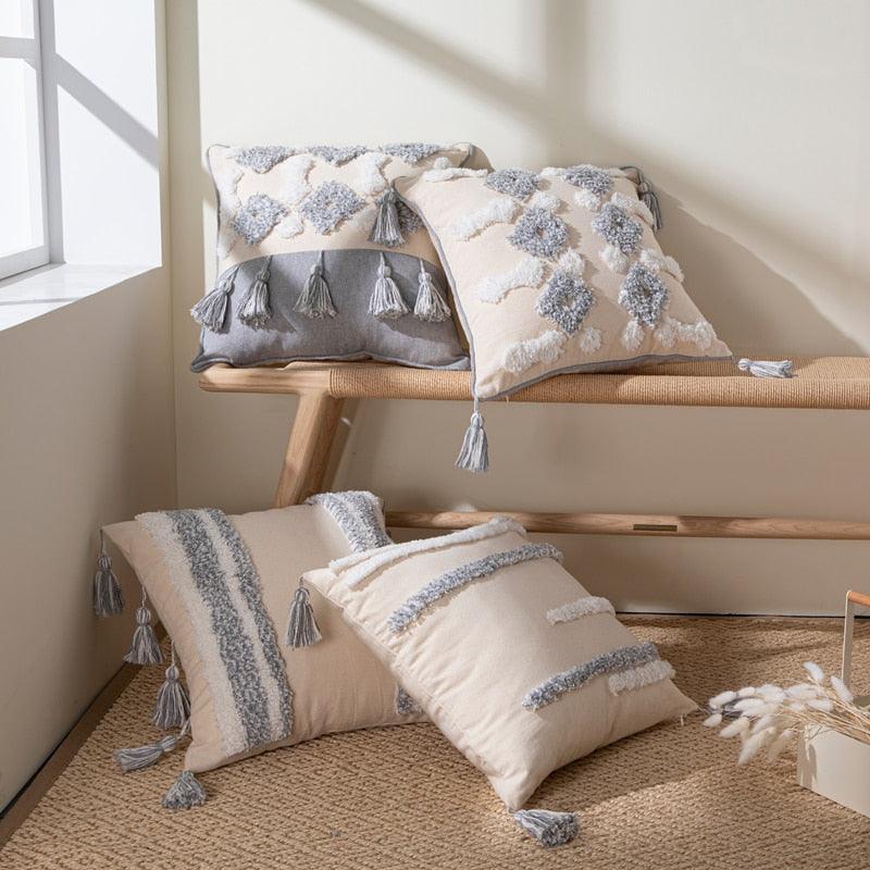 Cushion Cover Cotton Linen Pillowcase Tufted Beige Hand-Woven Throw Pillow Covers
