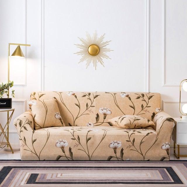 Plain Floral Print Sofa Cover Protector for 3 Cushion Sofa Cover with Separate Cushion Cover