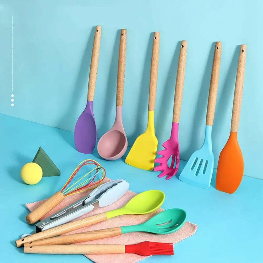 Silicone and Wood Heat Resistant Cooking Utensil Set