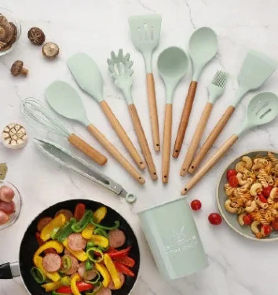 Silicone and Wood Heat Resistant Cooking Utensil Set