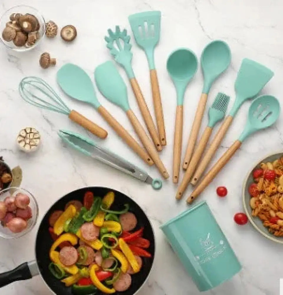 Silicone and Wood Heat Resistant Cooking Utensil Set