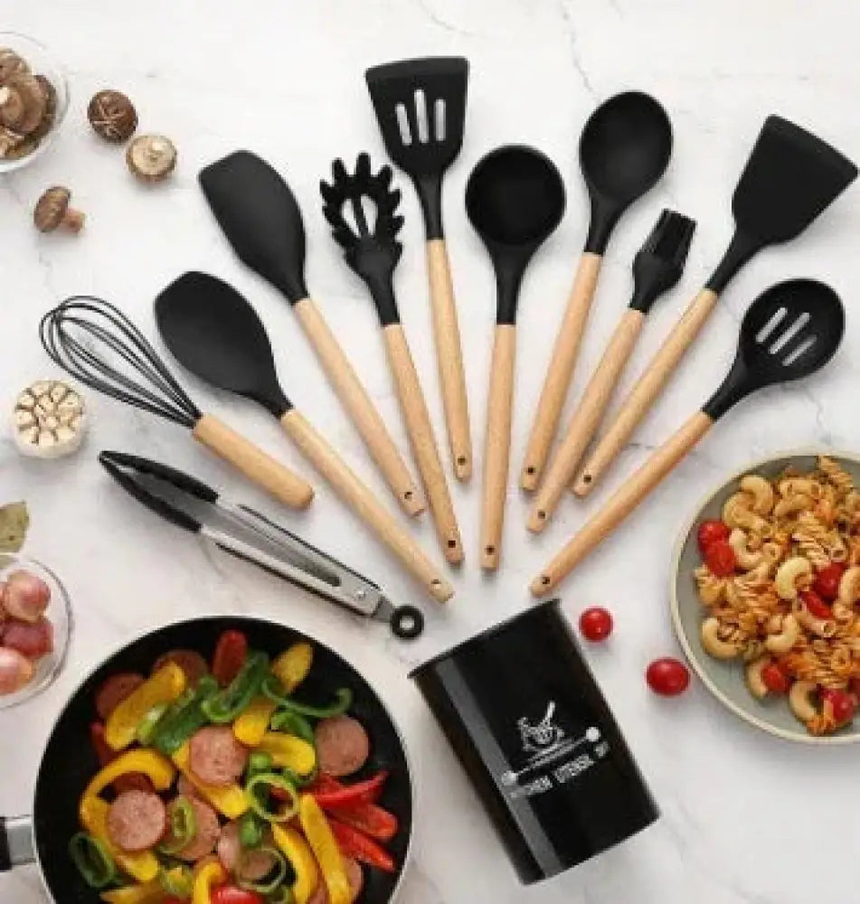 Silicone and Wood Heat Resistant Cooking Utensil Set