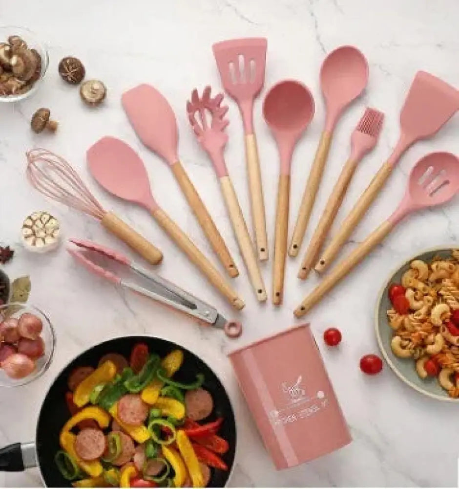 Silicone and Wood Heat Resistant Cooking Utensil Set