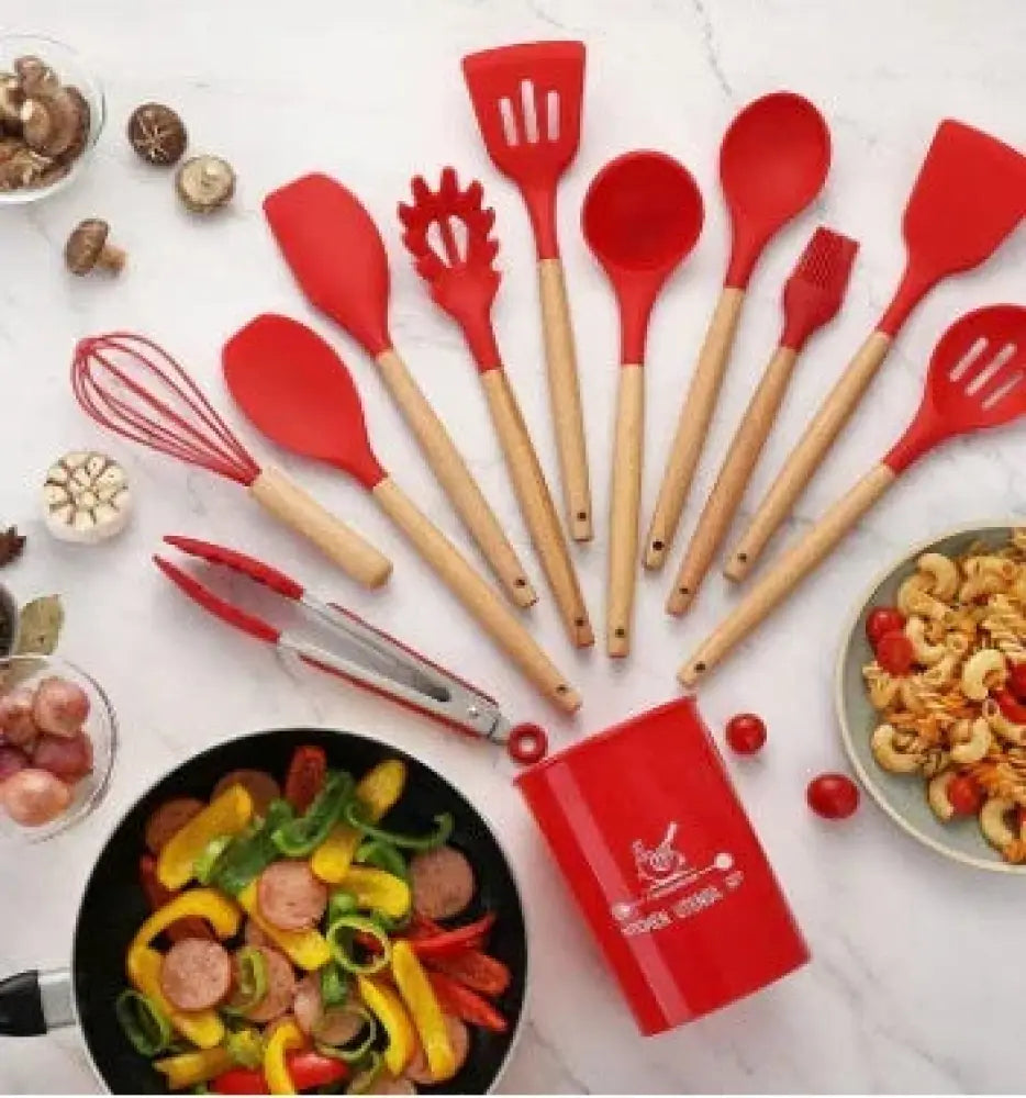 Silicone and Wood Heat Resistant Cooking Utensil Set