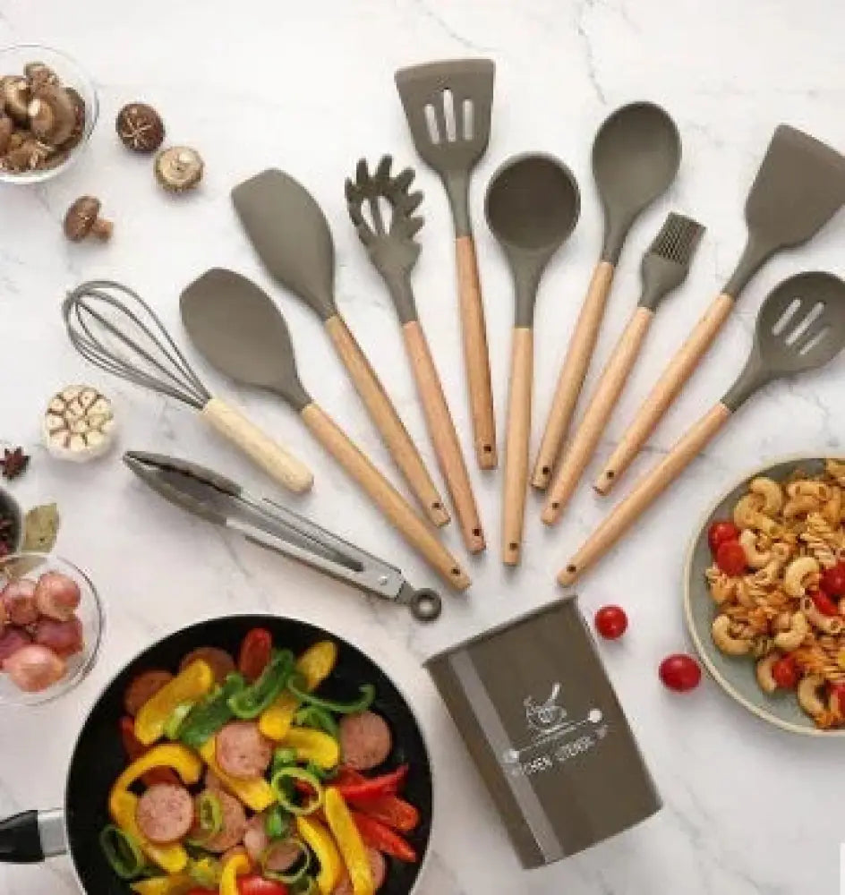 Silicone and Wood Heat Resistant Cooking Utensil Set