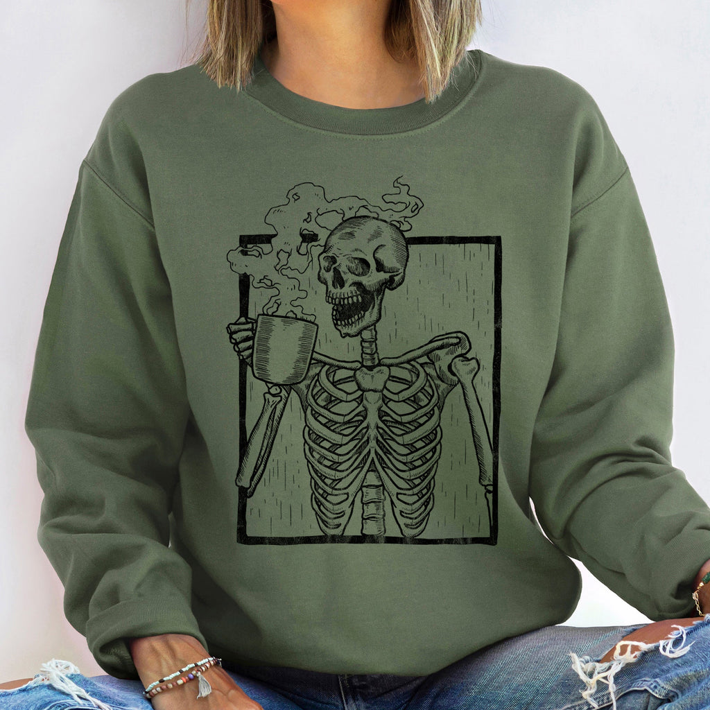 Skeleton Coffee Vintage Halloween All Hallows Eve Midnight Sketch Graphic Sweatshirt