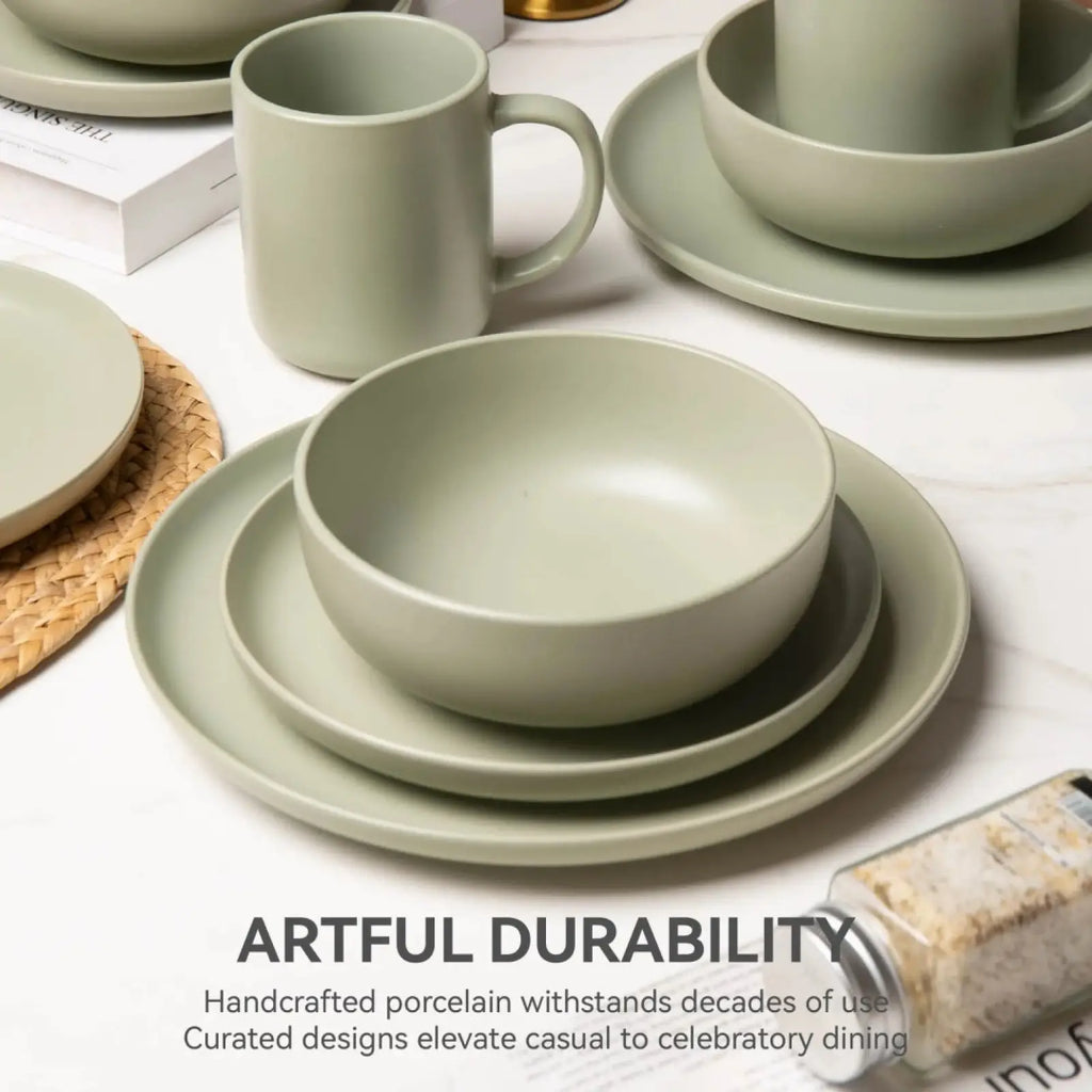 Stoneware Dinnerware Set 12 Piece Matte Sage Green for 4