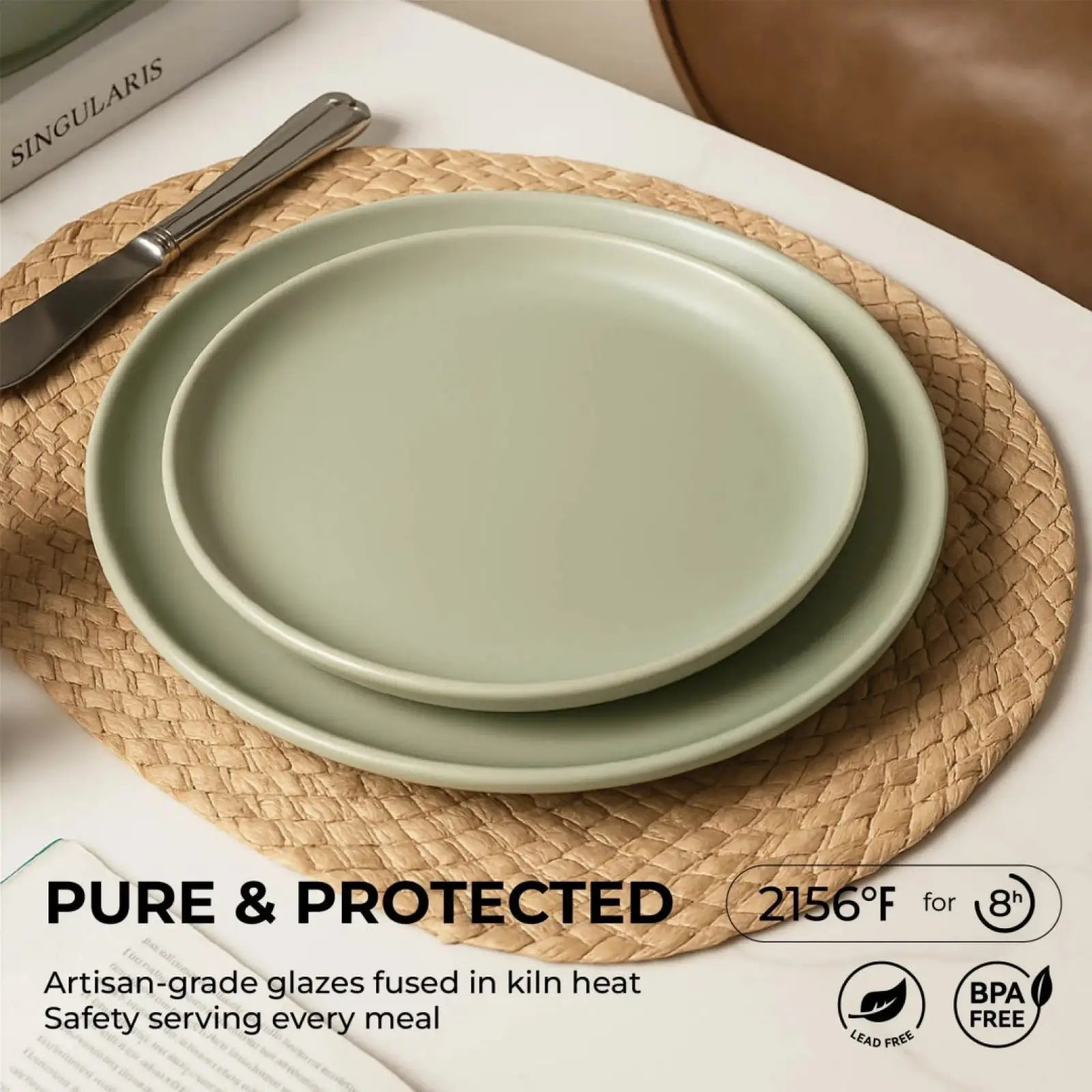 Stoneware Dinnerware Set 12 Piece Matte Sage Green for 4