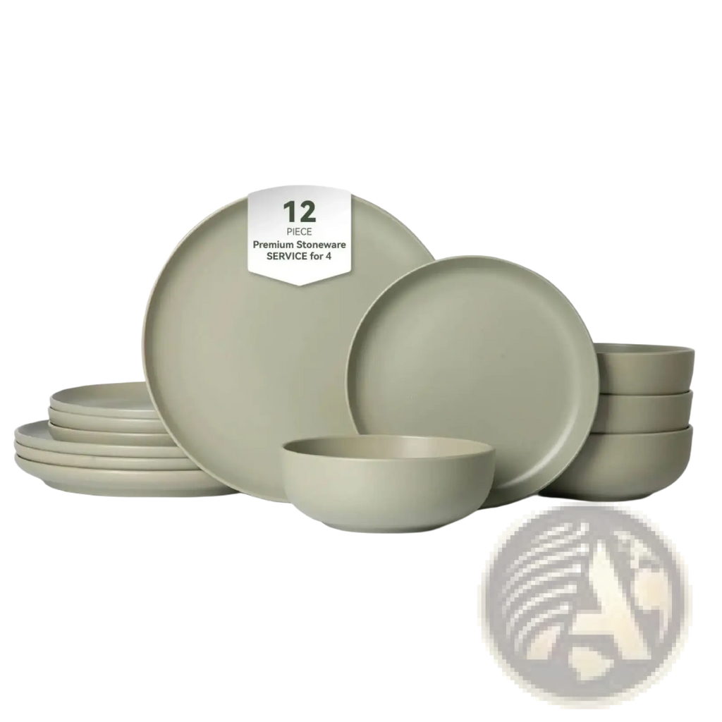 Stoneware Dinnerware Set 12 Piece Matte Sage Green for 4