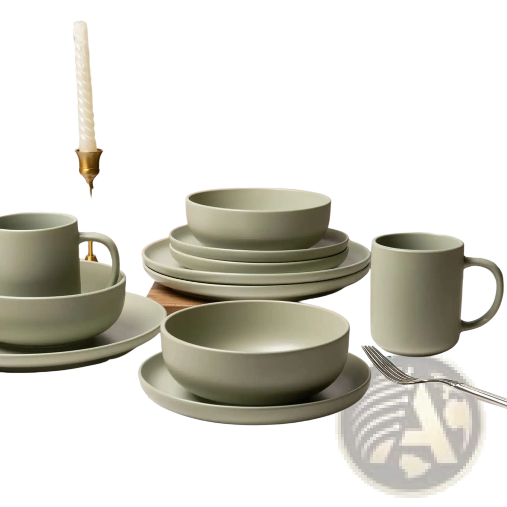 Stoneware Dinnerware Set 12 Piece Matte Sage Green for 4