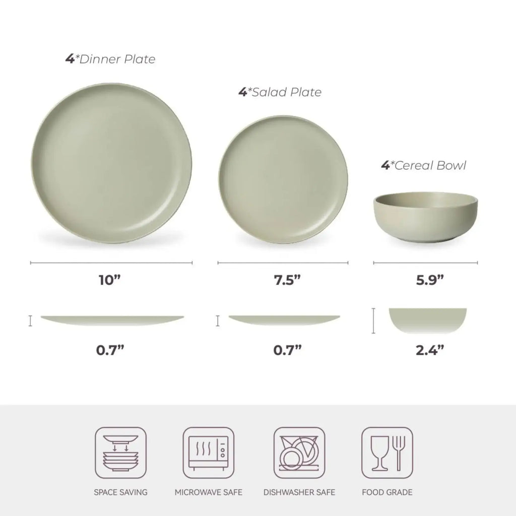 Stoneware Dinnerware Set 12 Piece Matte Sage Green for 4